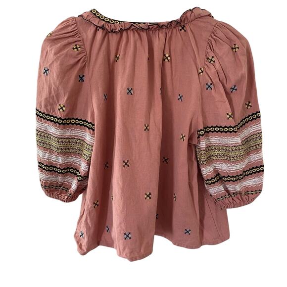 THE GREAT Clementine Embroidered Linen Cottagecore Blouse Pink Rosette X-Small - Picture 6 of 9